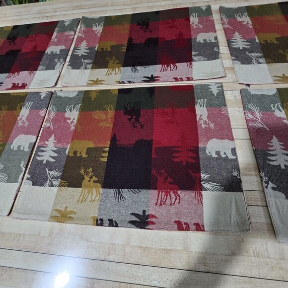 Home Studio Set 8 Woodland Placemats 8"x13" Deer Bear Trees Red Brown Cream - Picture 11 of 13